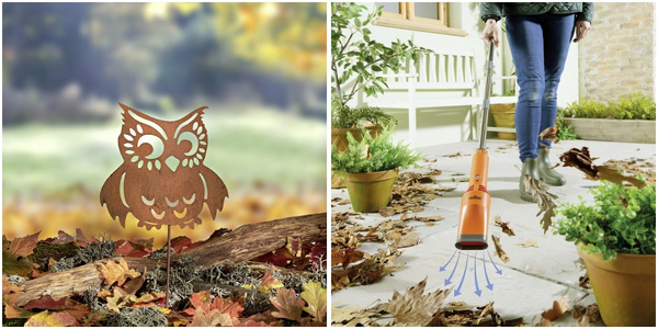 L'automne dans le jardin : des figurines de chouettes en guise de décoration dans un parterre jonché de feuilles mortes et une personne avec un souffleur de feuilles sur une terrasse
